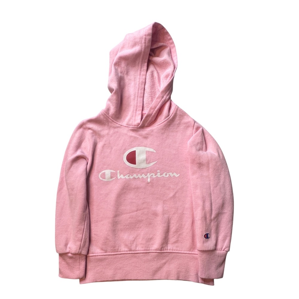 Champion Hoodie Kids 4T Pink Pullover‎ Script Logo Athletic Fleece Sweatshirt